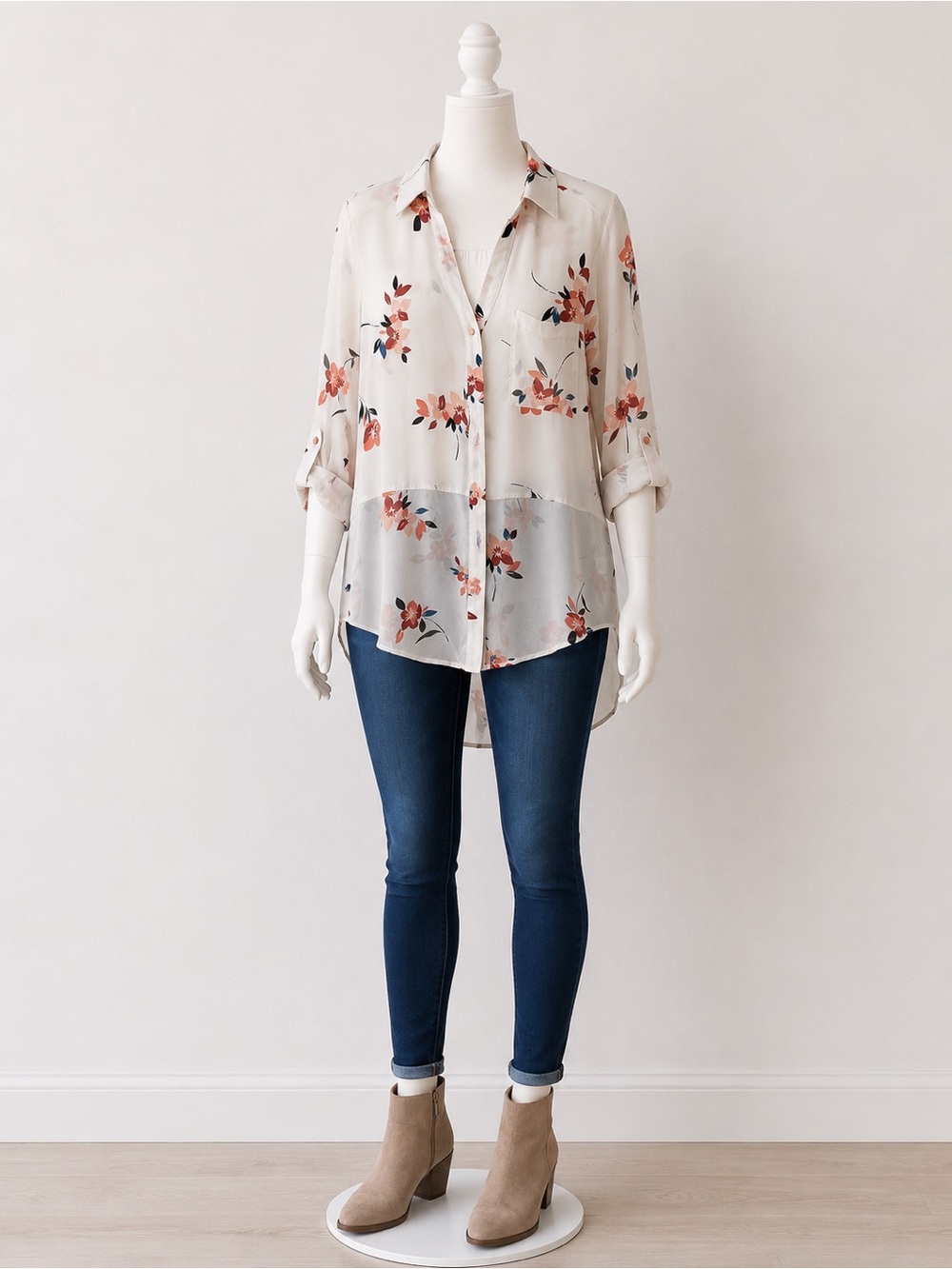 Candie's Cream Blouse with Coral and Black Floral Accents